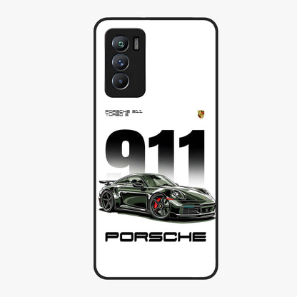 911 Turbo Dominance Glass Case showing clean flat back view with bold 911 sports car artwork and glossy glass finish.