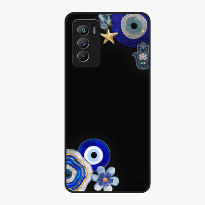Aesthetic Blue Evil Eye Glass Case showing flat back view with protective evil eye artwork and glossy glass finish.