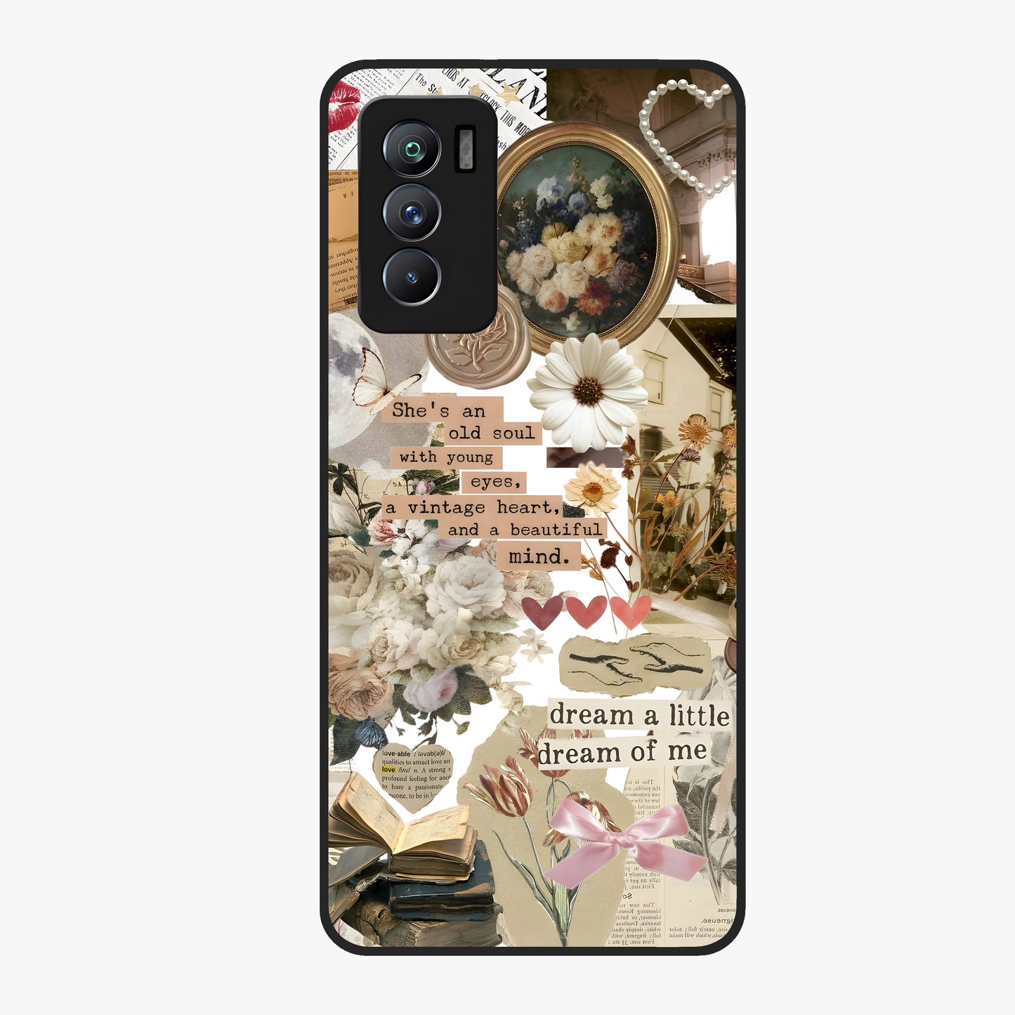 Aesthetic Brown Vintage Collage Glass Case showing flat back view with retro collage artwork and glossy glass finish.