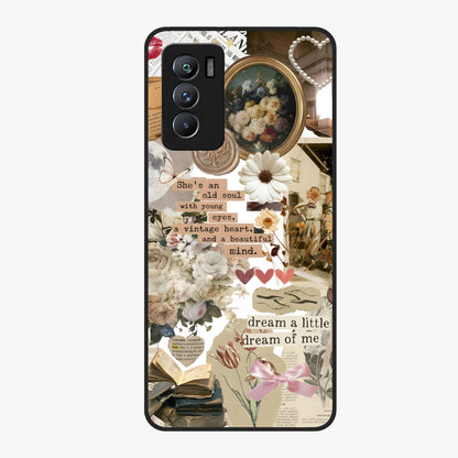 Aesthetic Brown Vintage Collage Glass Case showing flat back view with retro collage artwork and glossy glass finish.