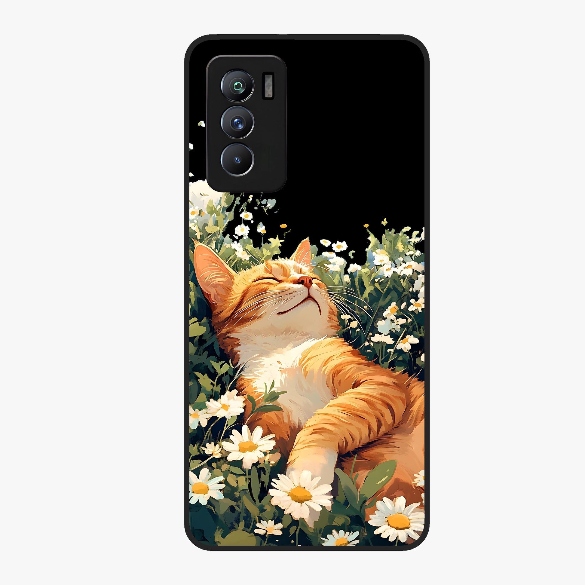 Blissful Bloom Cat Glass Case showing flat back view with cute cat and floral bloom artwork and glossy glass finish.