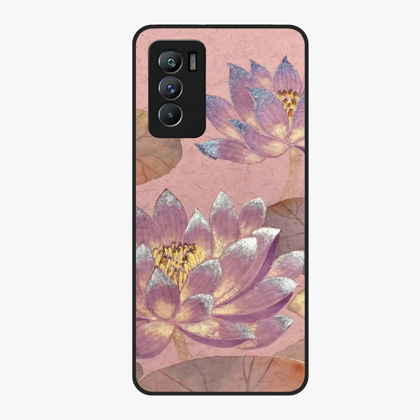 Blossom Mist Lotus Glass Case showing flat back view with serene lotus blossom artwork and glossy glass finish.