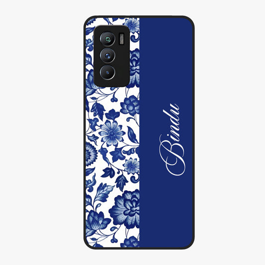 Blue Vintage Floral Pattern Glass Case upright view showcasing timeless floral illustration with vintage inspired style.