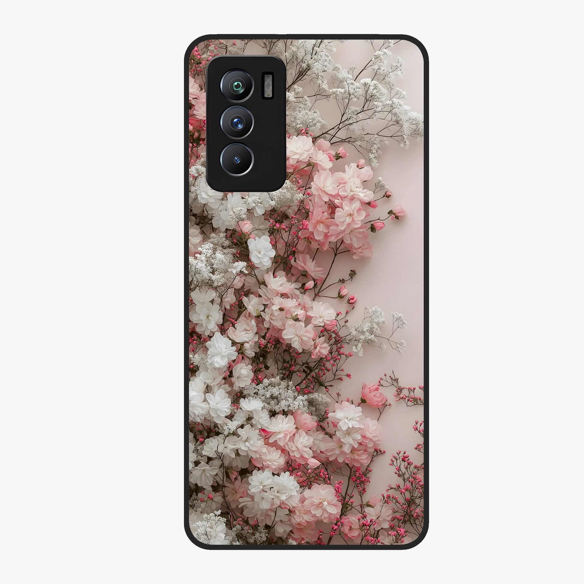 Blush Blossom Cloud Glass Case showing flat back view with dreamy blush cloud blossom artwork and glossy glass finish.