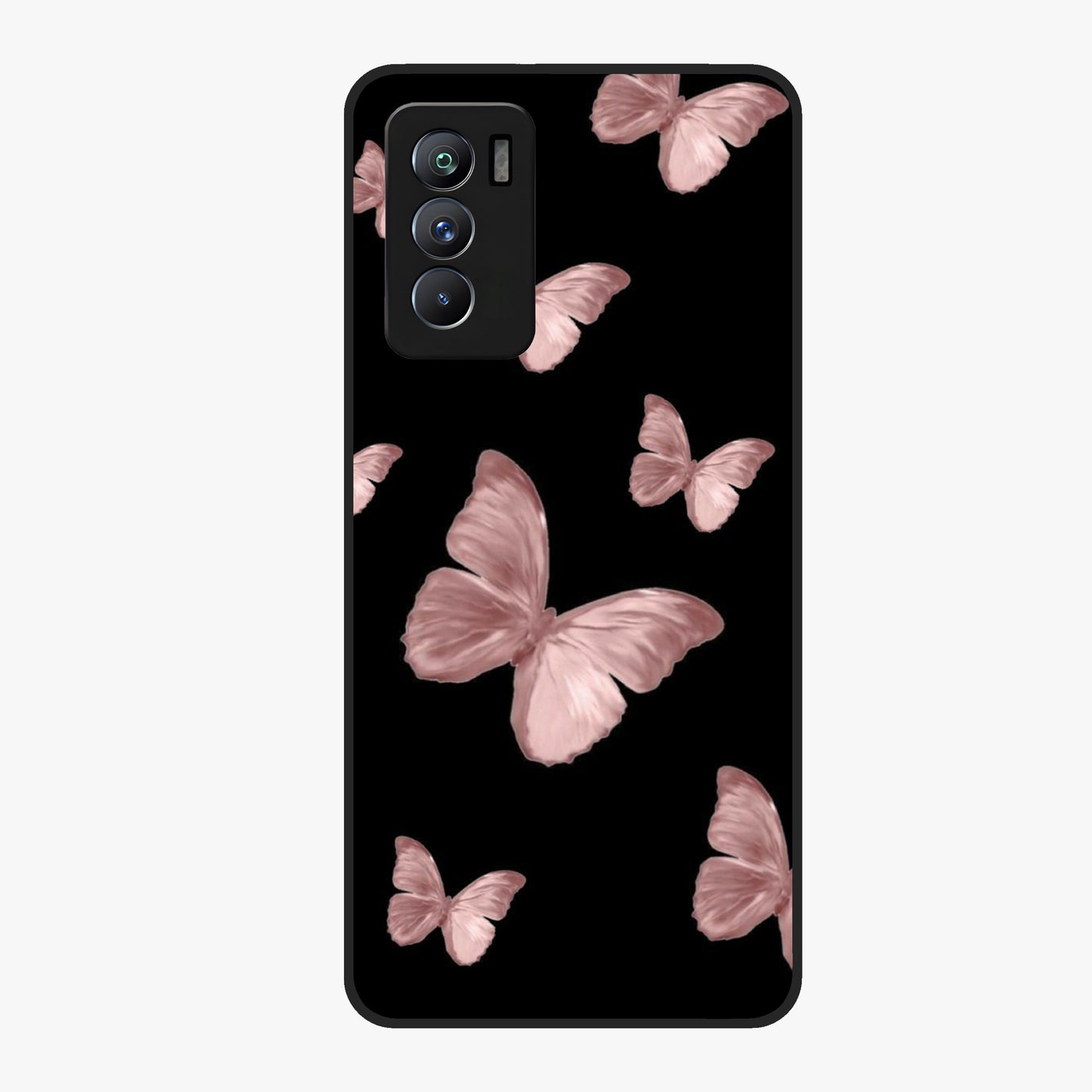 Butterfly Pattern Glass Case showing flat back view with elegant butterfly pattern artwork and glossy glass finish.