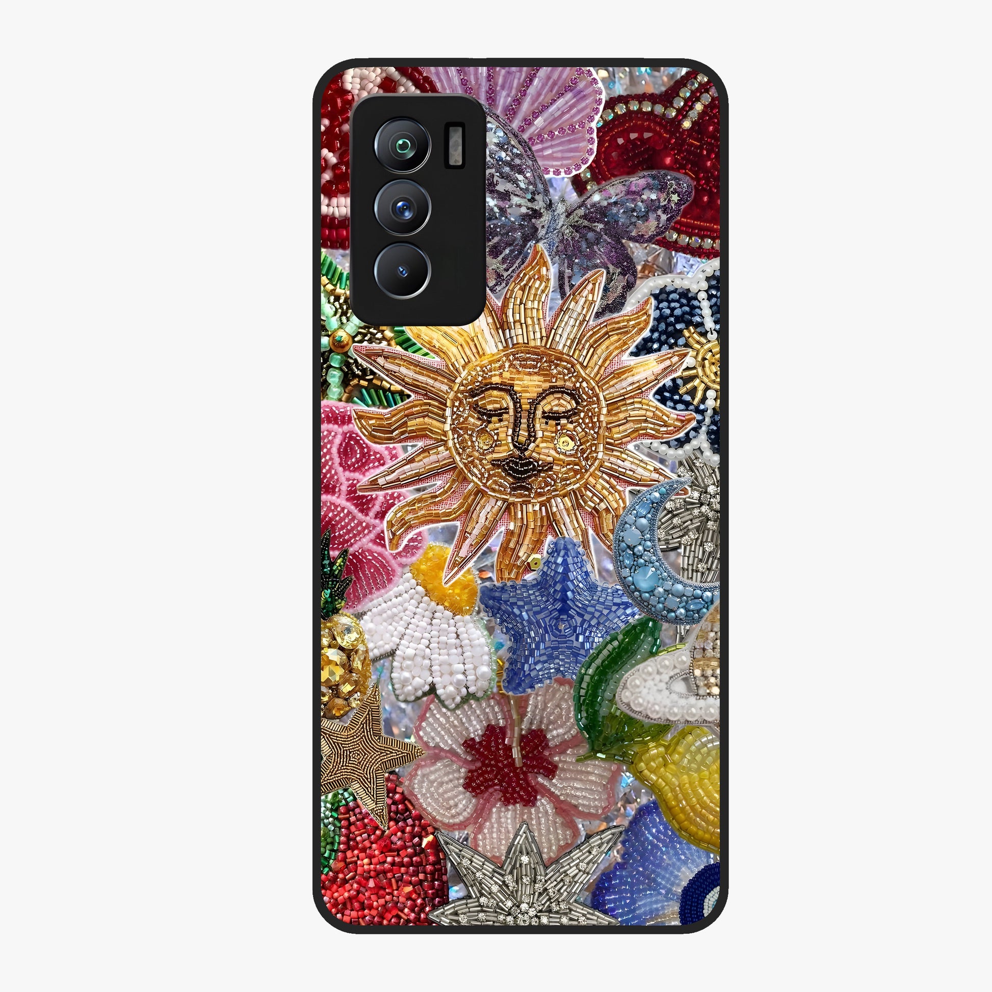 Celestial Floral and Playful Glass Case showing flat back view with floral and celestial themed artwork and glossy glass finish.