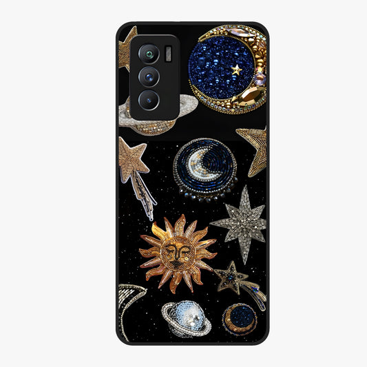 Celestial Gem Constellations Glass Case showing flat back view with sparkling constellation artwork and glossy glass finish.