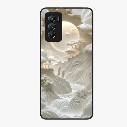 Celestial Origami Glass Case showing flat back view with artistic origami inspired celestial artwork and glossy glass finish.