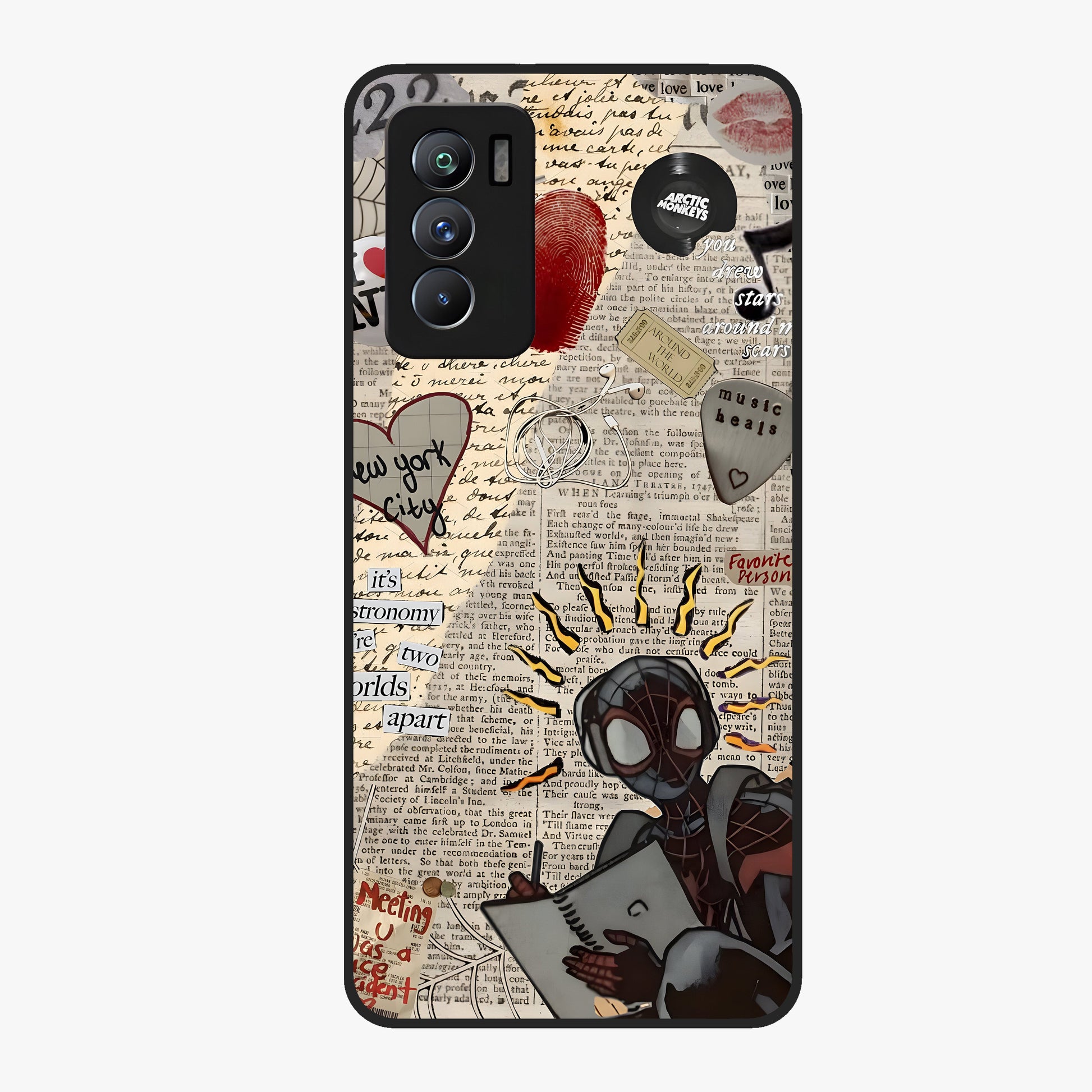 City Dream Sketch Glass Case showing flat back view with artistic city skyline sketch artwork and glossy glass finish.