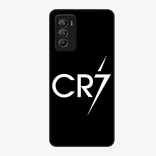 Cr7 Elite Strike Glass Case showing flat back view with dynamic football inspired artwork and glossy glass finish.