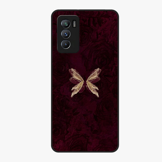 Crimson Fade Butterfly Glass Case showing flat back view with fading butterfly artwork and glossy glass finish.