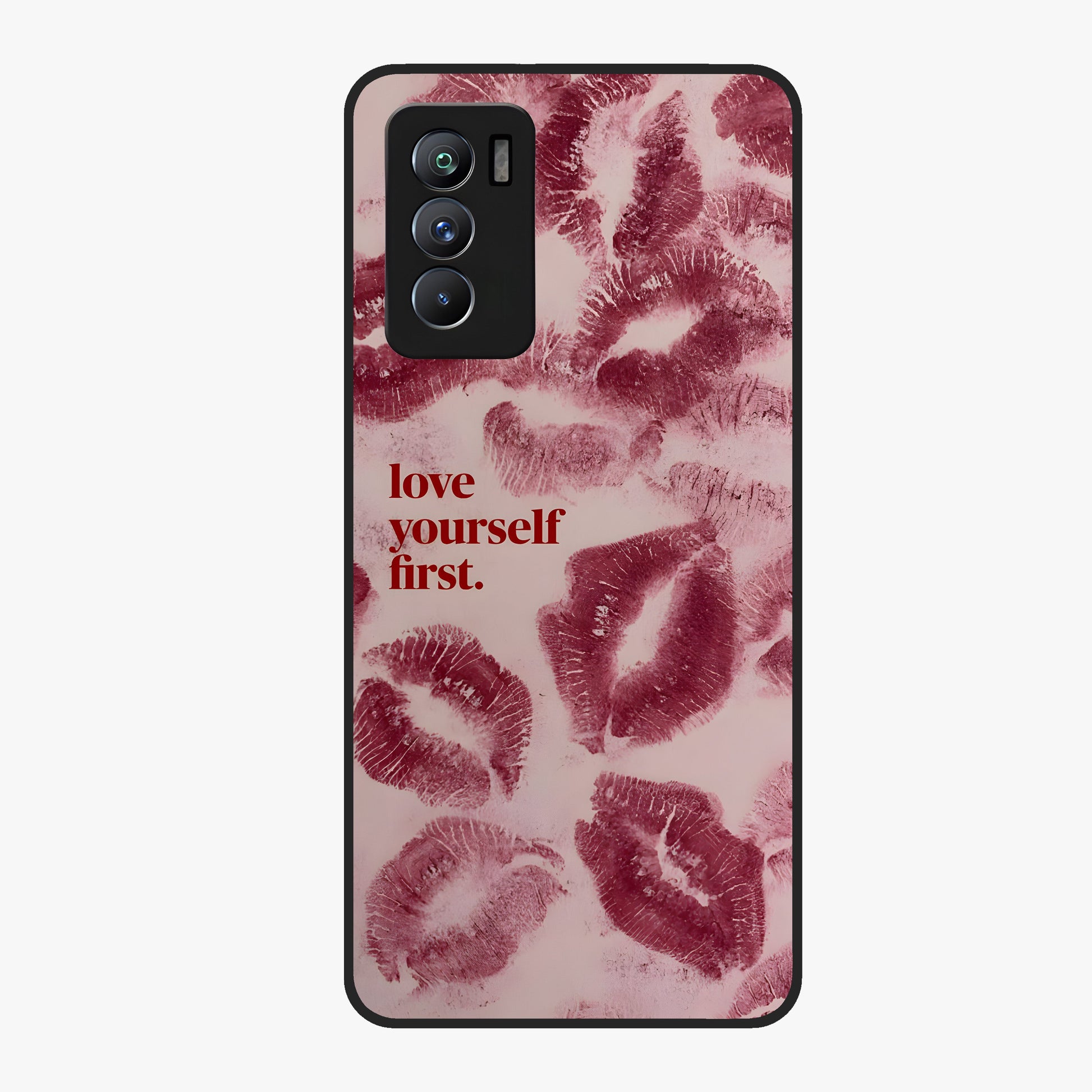 Crimson Kiss Love Glass Case showing flat back view with romantic crimson themed artwork and glossy glass finish.