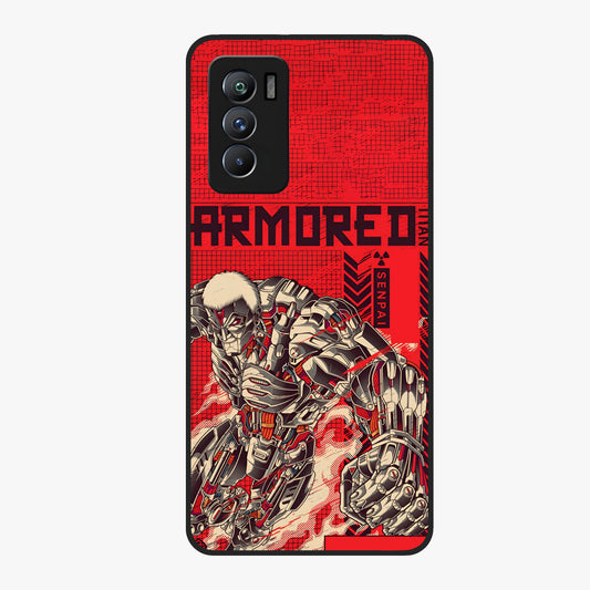 Crimson Mecha Titan Glass Case showing flat back view with powerful mech titan artwork and glossy glass finish.