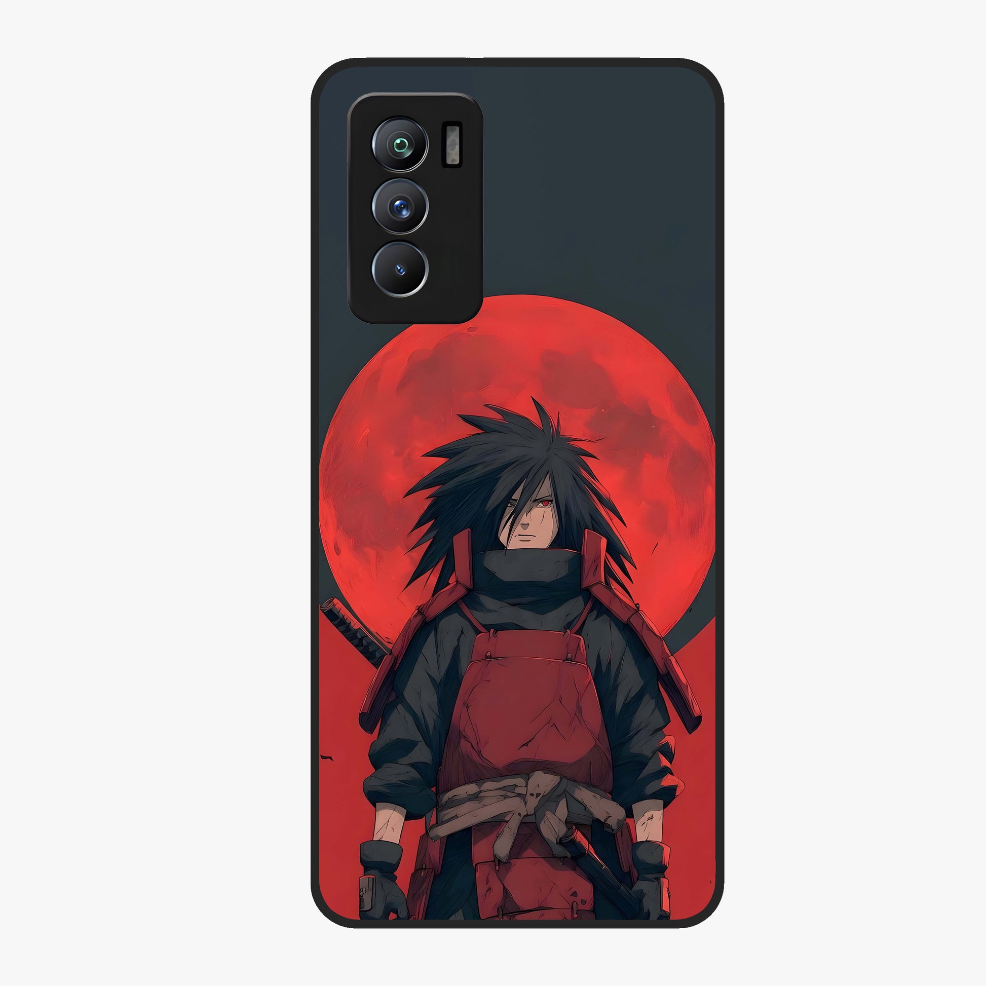 Crimson Moon Warlord Glass Case showing flat back view with mystical moon warrior artwork and glossy glass finish.