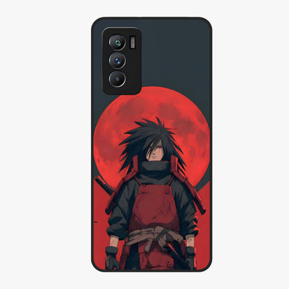 Crimson Moon Warlord Glass Case showing flat back view with mystical moon warrior artwork and glossy glass finish.