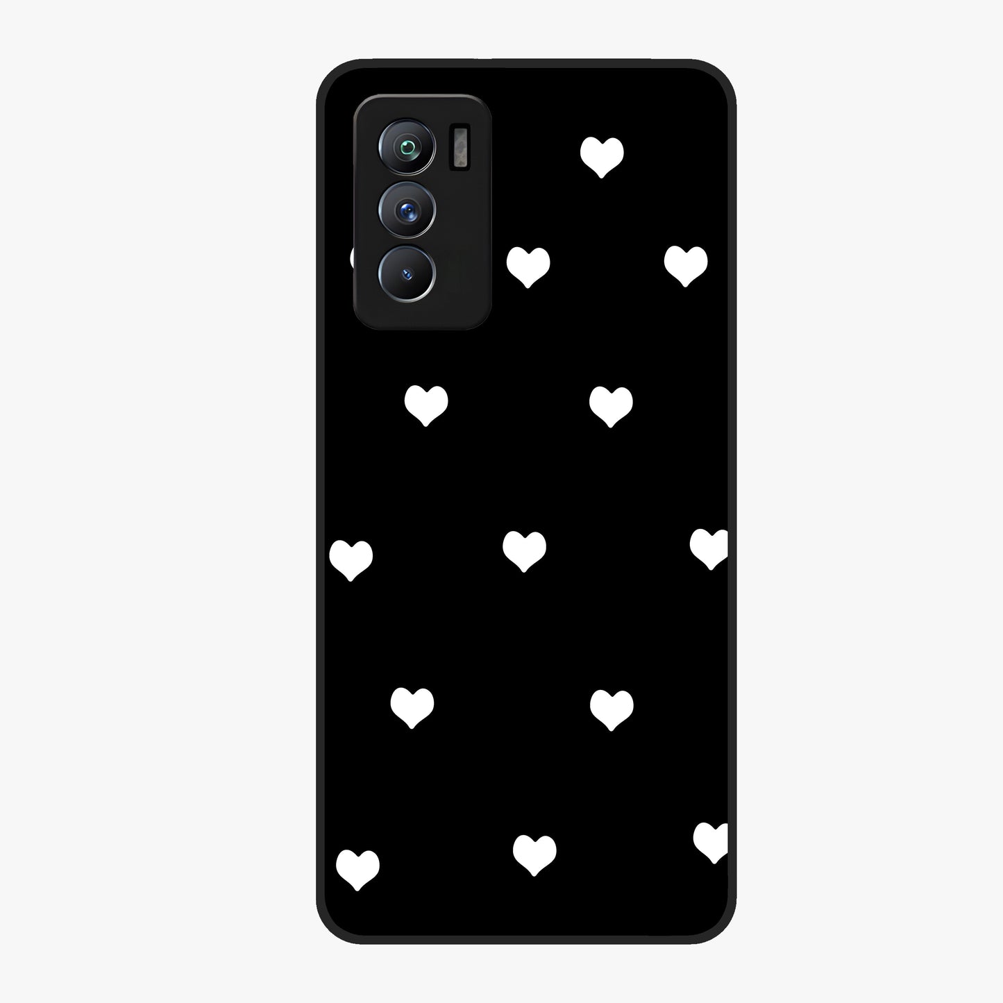 Cute And Simple White Hearts Glass Case showing flat back view with minimal white heart pattern and glossy glass finish.