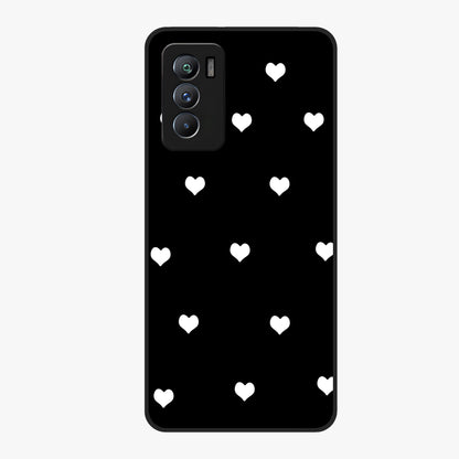 Cute And Simple White Hearts Glass Case showing flat back view with minimal white heart pattern and glossy glass finish.