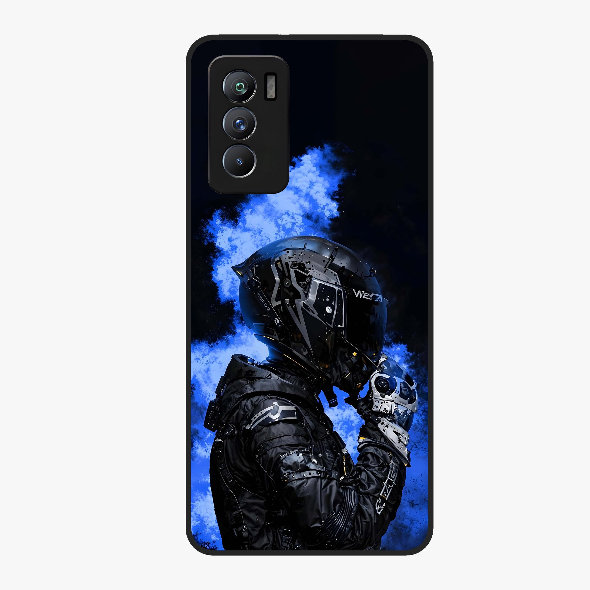 Cyber Sentinel Protocol Glass Case showing flat back view with futuristic cyber themed artwork and glossy glass finish.