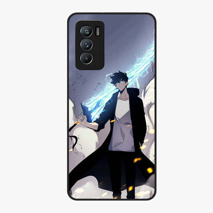 Dark Lightning Anime Warrior Glass Case showing flat back view with intense anime warrior artwork and glossy glass finish.