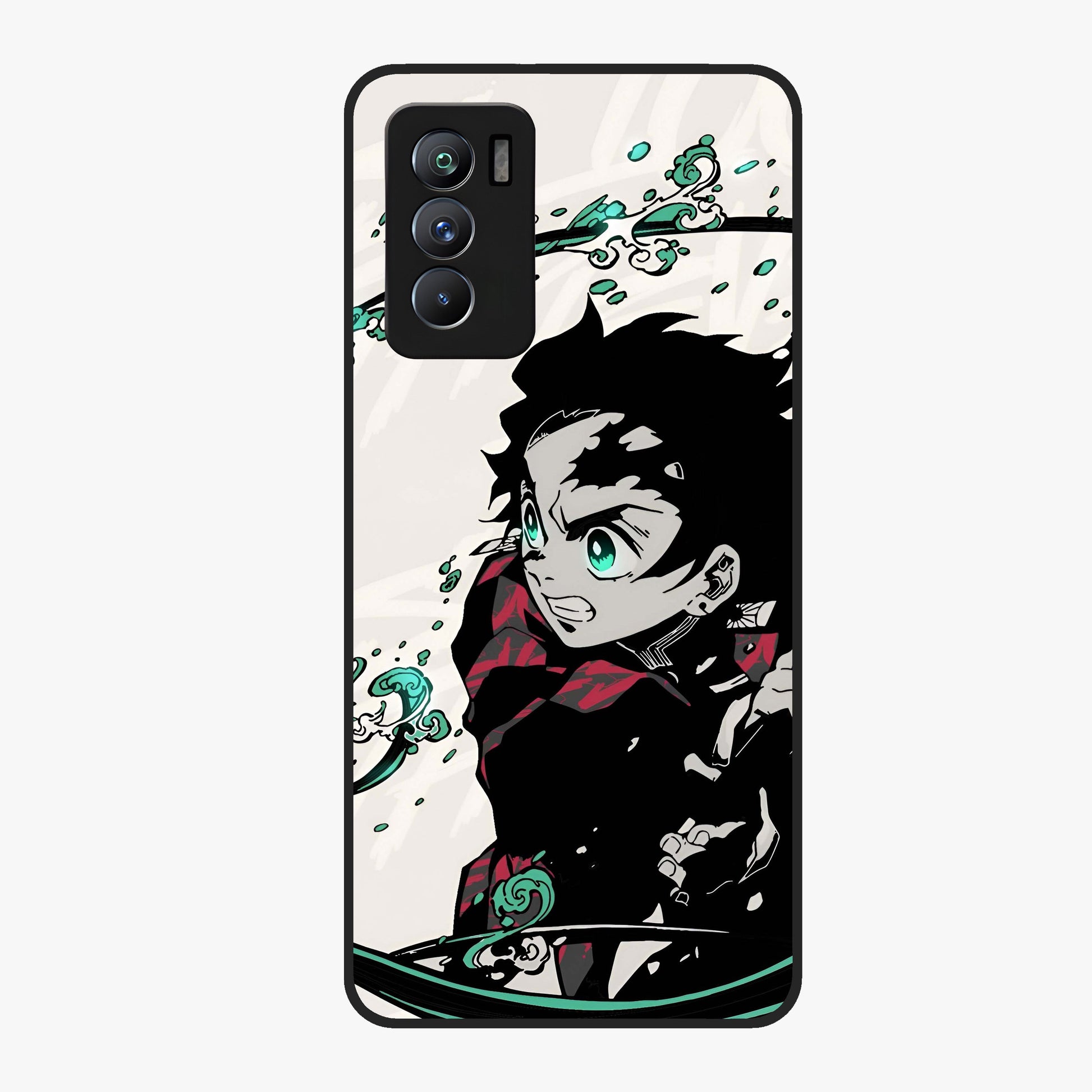 Demon Slayer Glass Case showing flat back view with bold anime inspired artwork and glossy glass finish.
