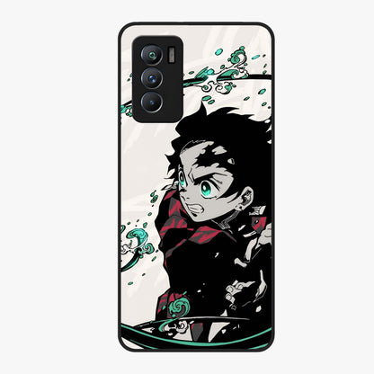 Demon Slayer Glass Case showing flat back view with bold anime inspired artwork and glossy glass finish.