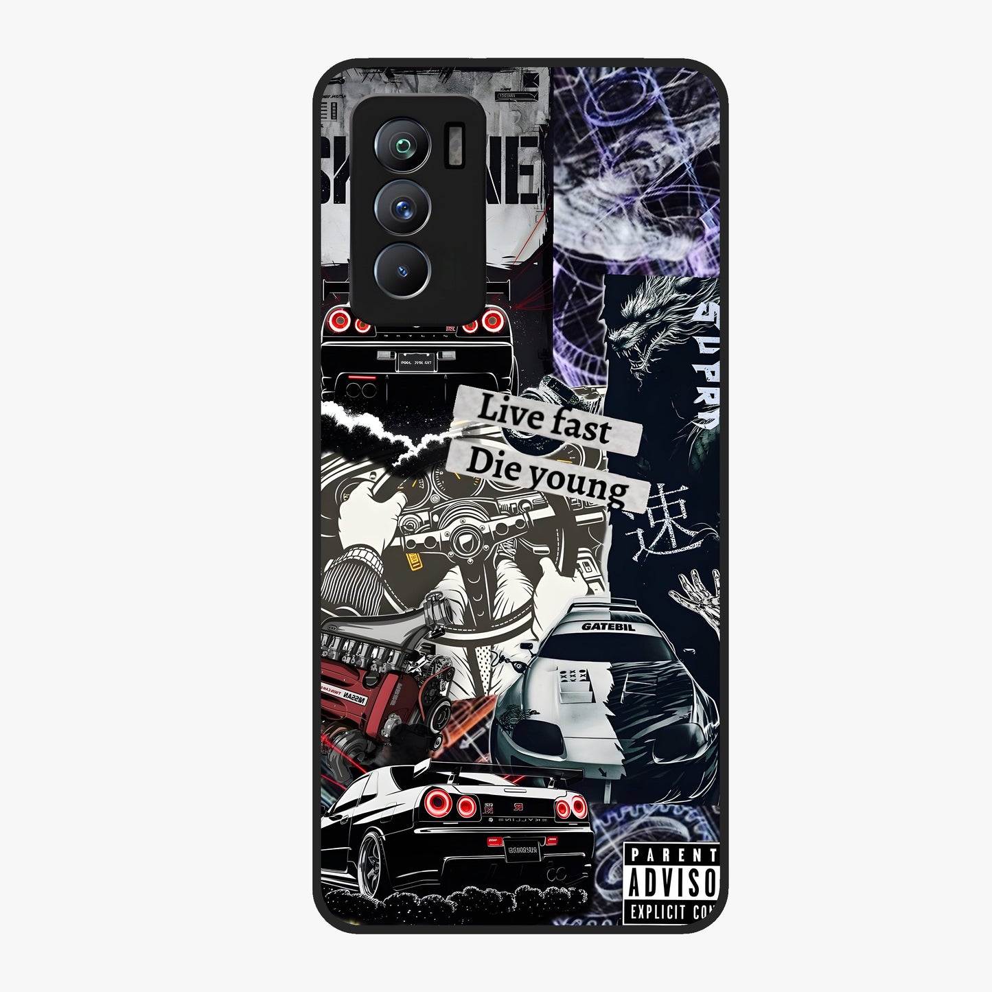 Die Young Glass Case showing flat back view with bold artistic typography design and glossy glass finish.