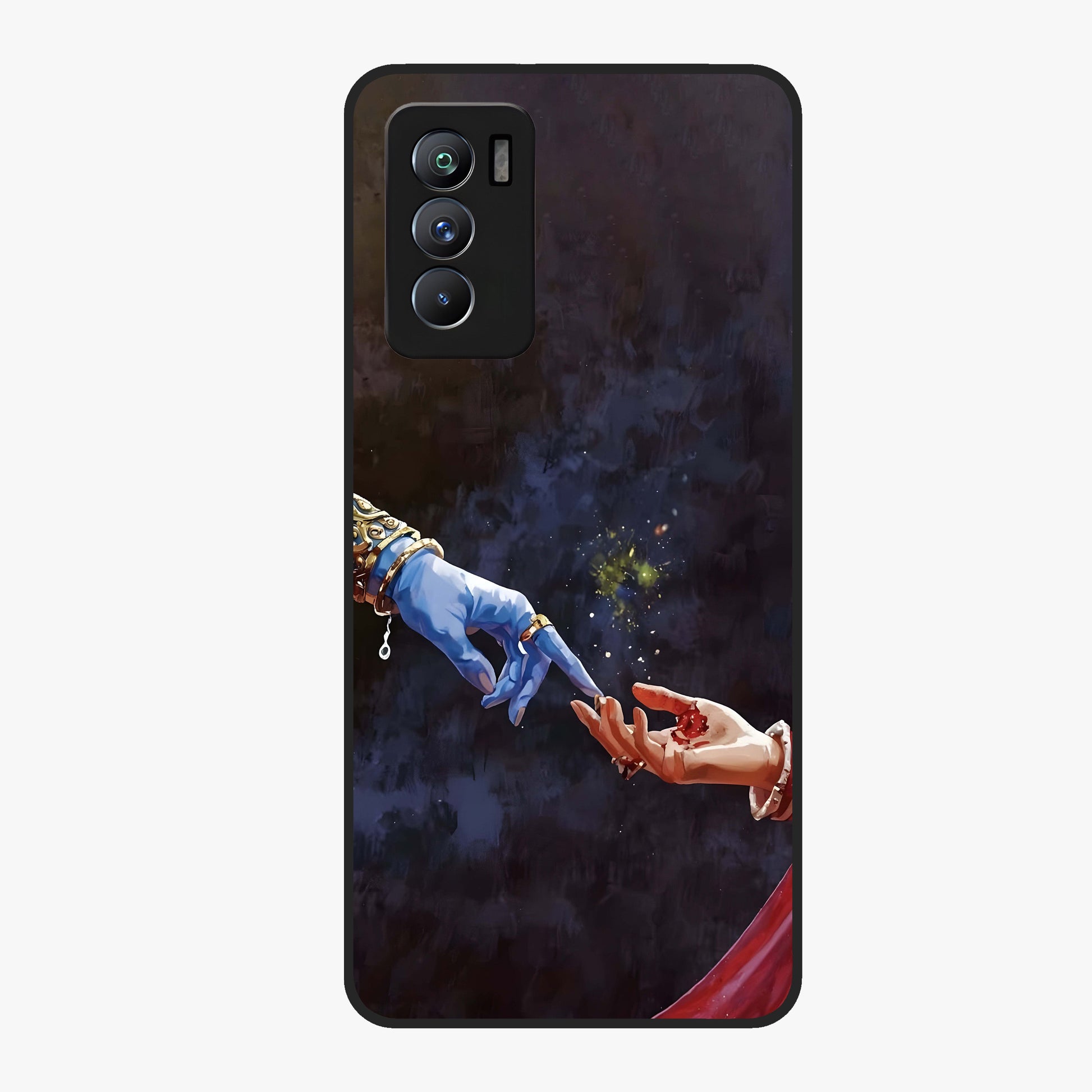 Divine Touch Eternal Glass Case showing flat back view with spiritual themed artwork and glossy glass finish.