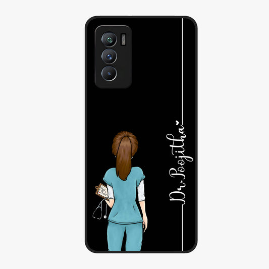 Doctor Pattern Custom Name Glass Case showing flat back view with medical themed pattern and personalized name design.
