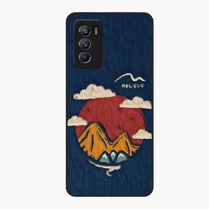 Dream Beyond Mountains Glass Case showing flat back view with scenic mountain landscape artwork and glossy glass finish.