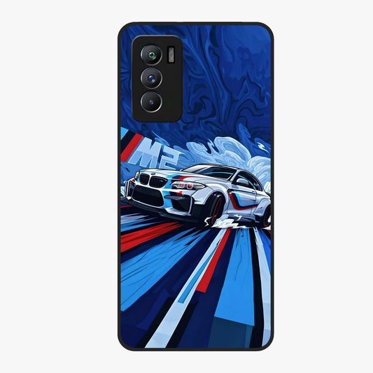 Drift Power Rush Glass Case showing flat back view with dynamic racing inspired artwork and glossy glass finish.