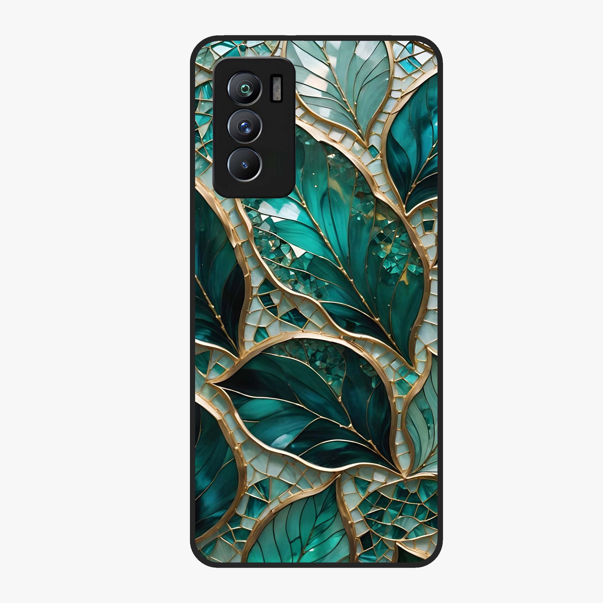 Emerald Leaf Glass Glass Case showing flat back view with emerald green leaf artwork and glossy glass finish.