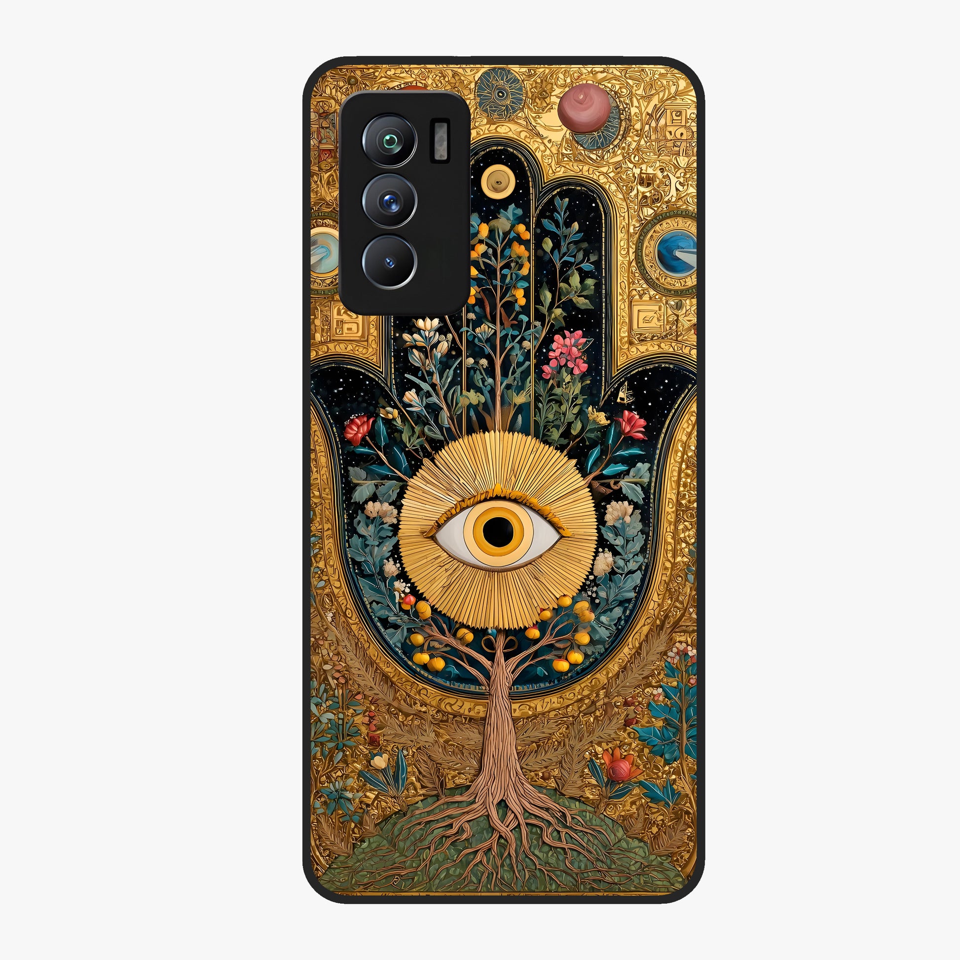 Ethereal Evil Eye Glass Case showing flat back view with mystical evil eye artwork and glossy glass finish.