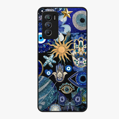 Evil Eye Charm Mix Glass Case showing flat back view with multiple evil eye charms artwork and glossy glass finish.