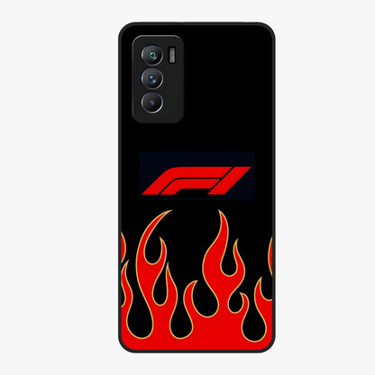Fire F11 Glass Case showing flat back view with fiery themed artwork and glossy glass finish.