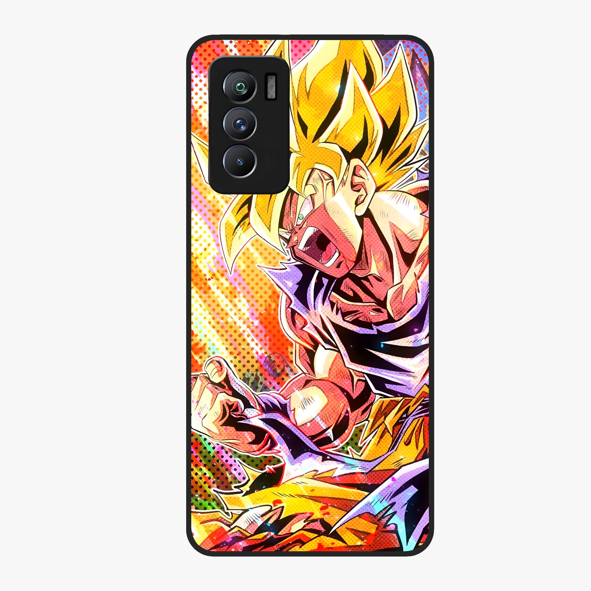 Firing Goku Glass Case showing flat back view with powerful anime inspired artwork and glossy glass finish.