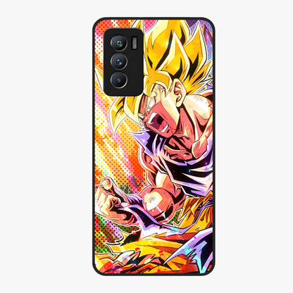 Firing Goku Glass Case showing flat back view with powerful anime inspired artwork and glossy glass finish.