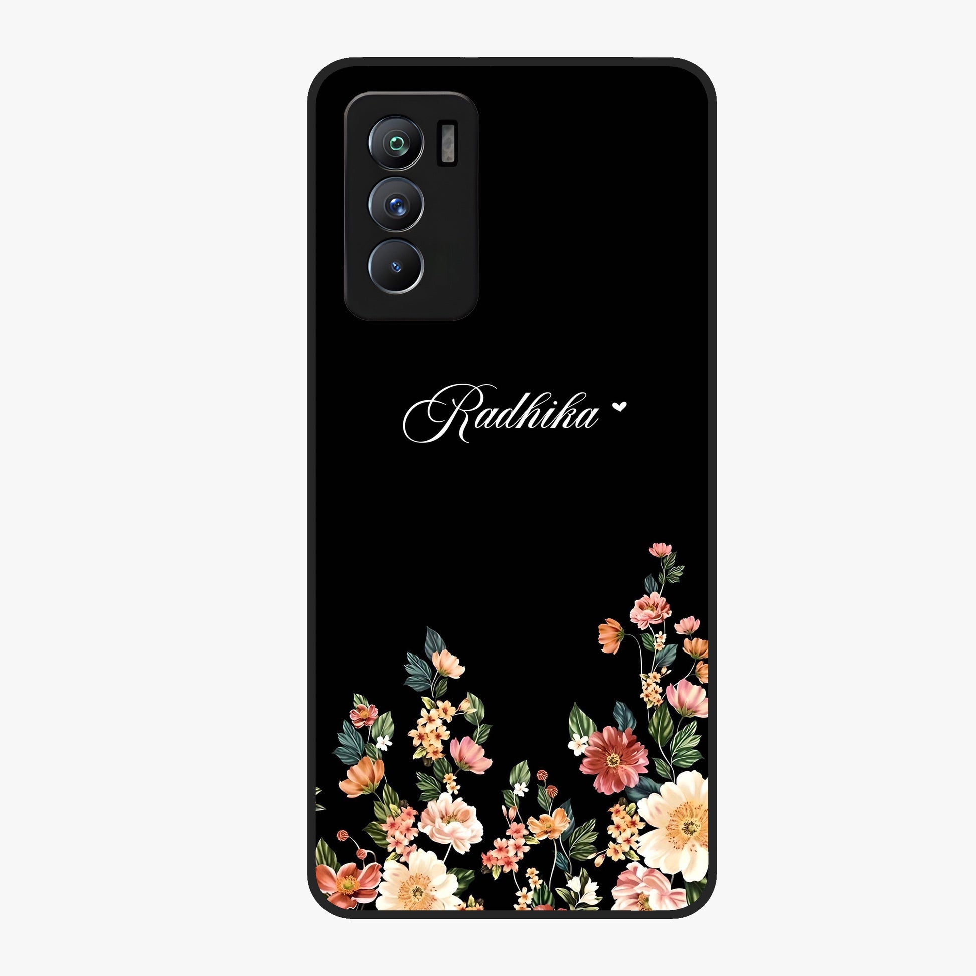 Floral Design With a Custom Personalized Name Glass Case showing flat back view with floral artwork and personalized name design.