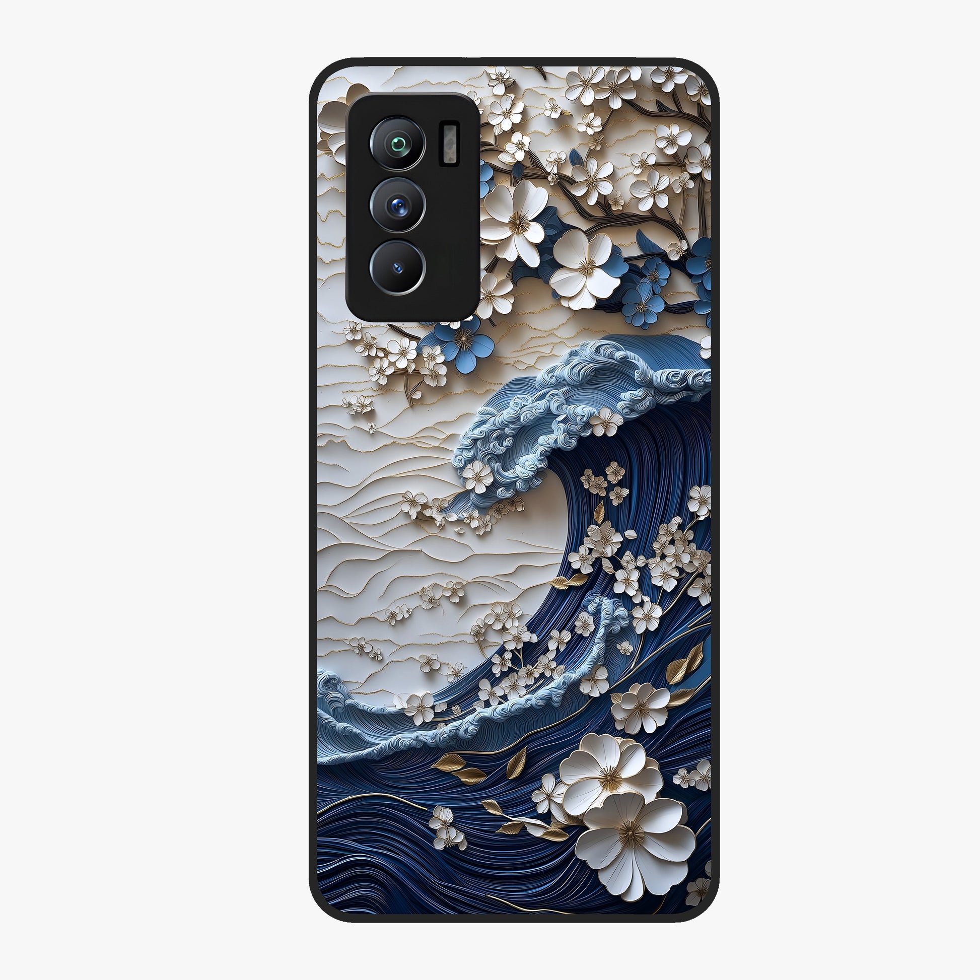 Floral Wave Origami Glass Case showing flat back view with origami inspired floral wave artwork and glossy glass finish.