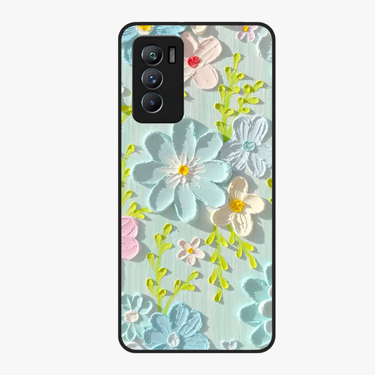 Frosted Petal Garden Glass Case showing flat back view with soft frosted floral artwork and glossy glass finish.
