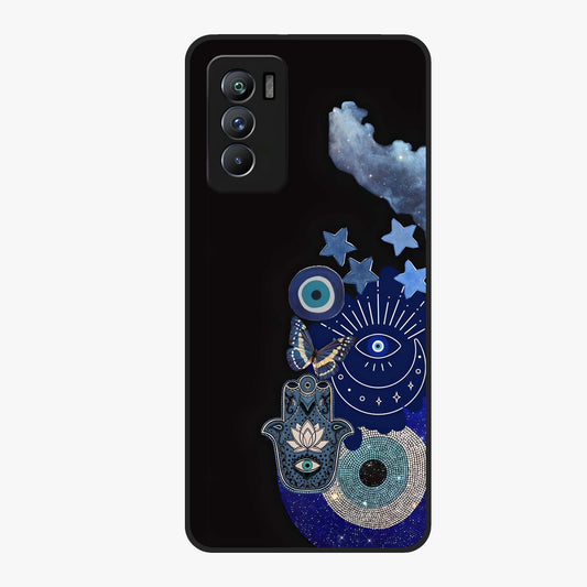 Galactic Charm Cluster Glass Case showing flat back view with glowing celestial charm artwork and glossy glass finish.