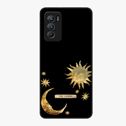 Golden Celestial Charm Glass Case showing flat back view with golden celestial charm artwork and glossy glass finish.