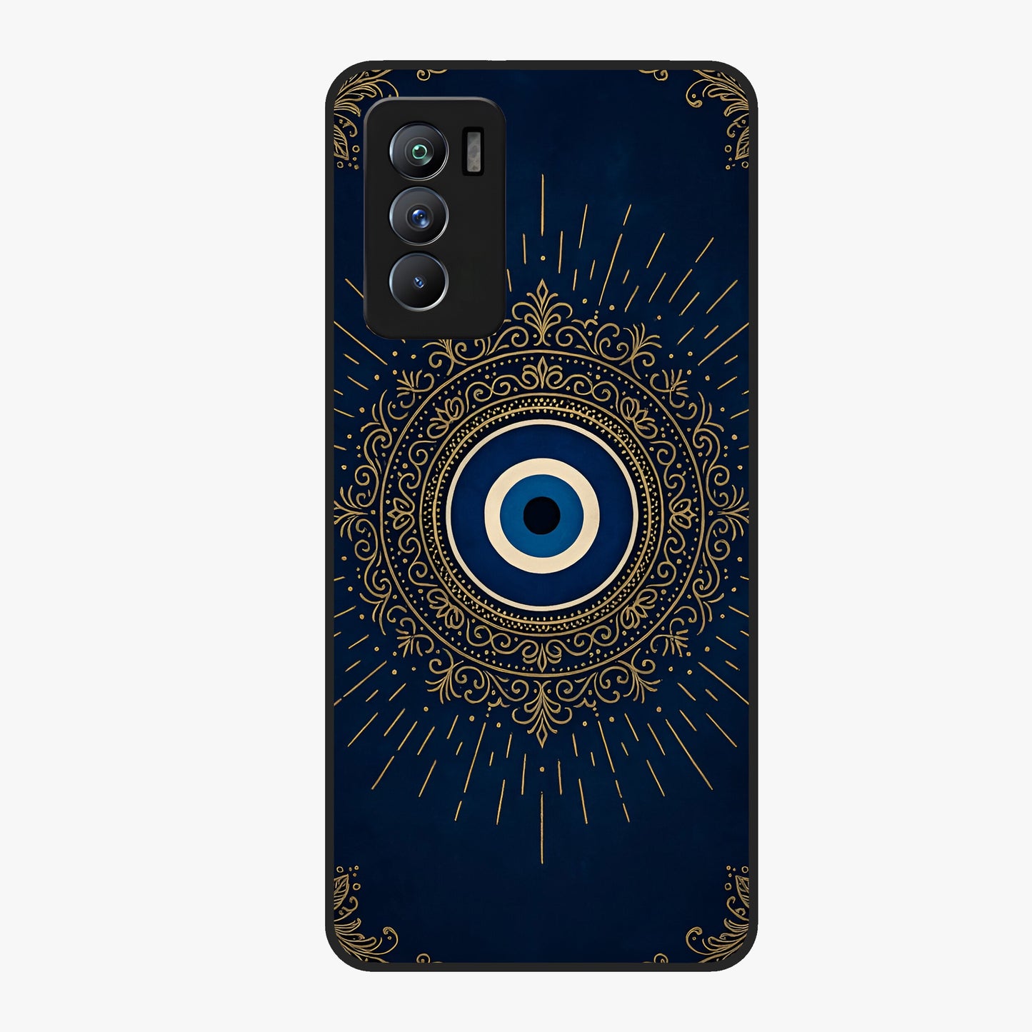 Golden Evil Eye Mandala Glass Case showing flat back view with intricate evil eye mandala artwork and glossy glass finish.