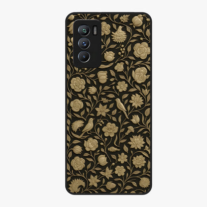 Golden Floral Majesty Glass Case showing flat back view with luxurious golden floral artwork and glossy glass finish.