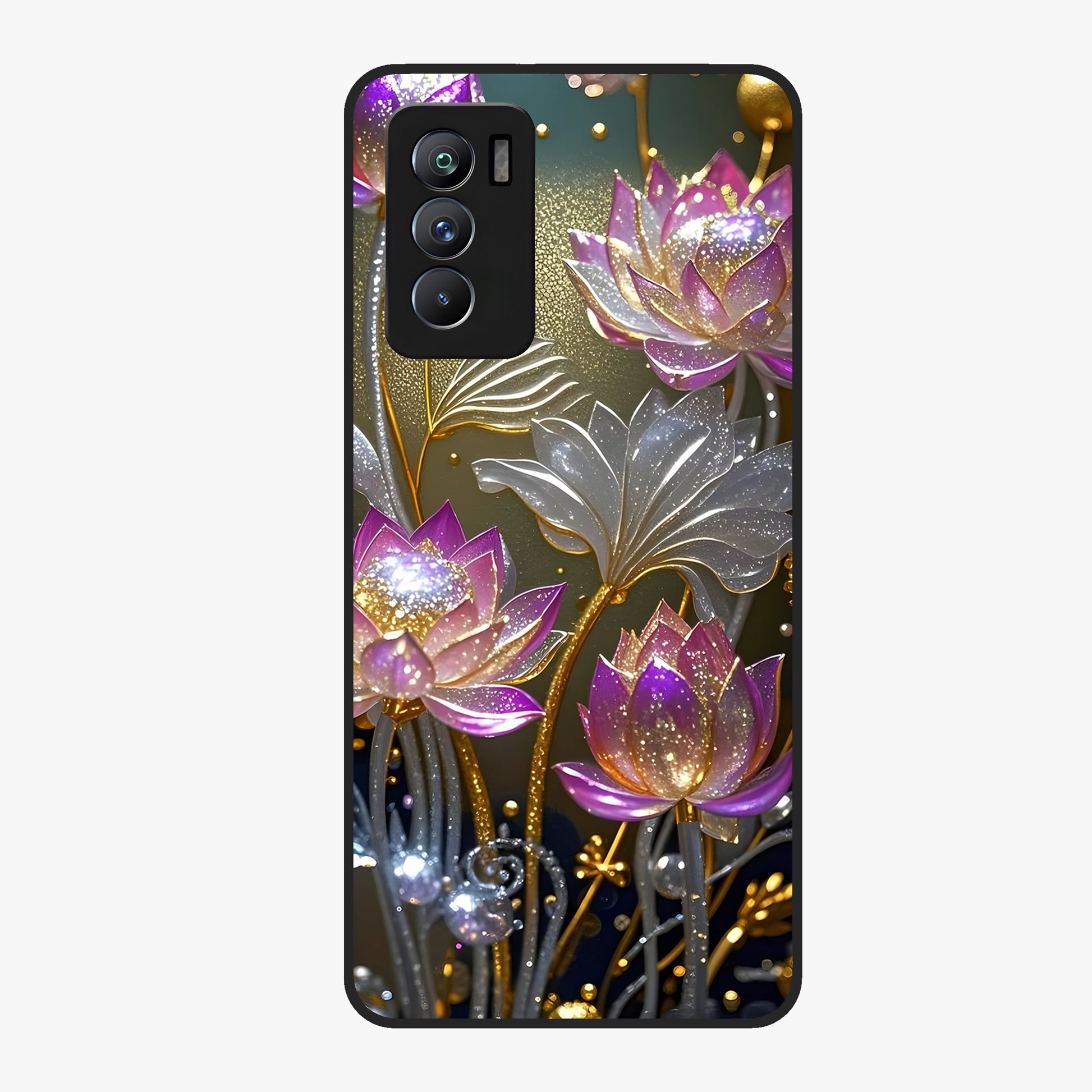 Golden Lotus Glow Glass Case showing flat back view with glowing lotus flower artwork and glossy glass finish.