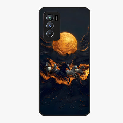 Golden Stallion Moonride Glass Case showing flat back view with majestic horse under moonlight artwork and glossy glass finish.