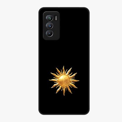 Golden Sun Minimalism Glass Case showing flat back view with minimal golden sun artwork and glossy glass finish.