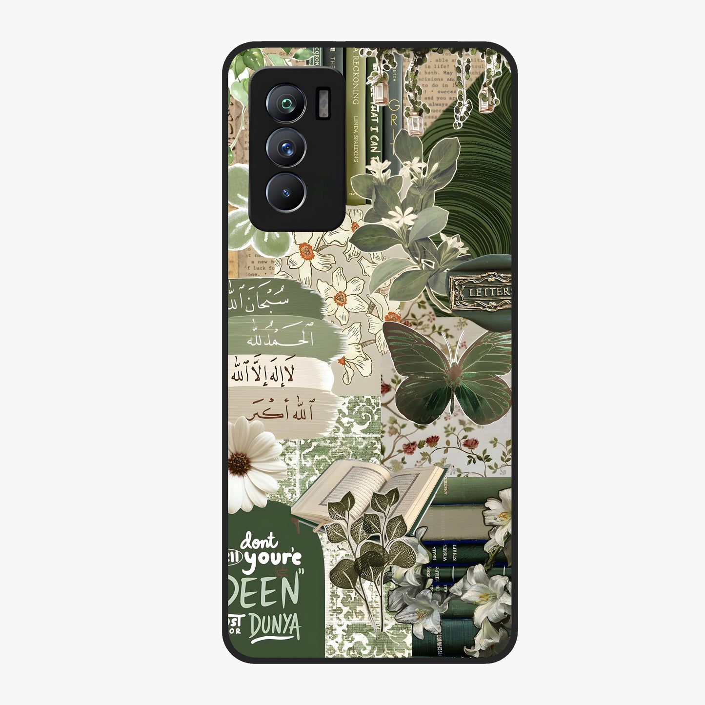 Green Islamic Books Quotes Glass Case showing flat back view with Islamic quotes and book themed artwork and glossy glass finish.