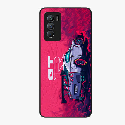 GT-R Car Pattern Glass Case showing flat back view with sporty car inspired pattern artwork and glossy glass finish.