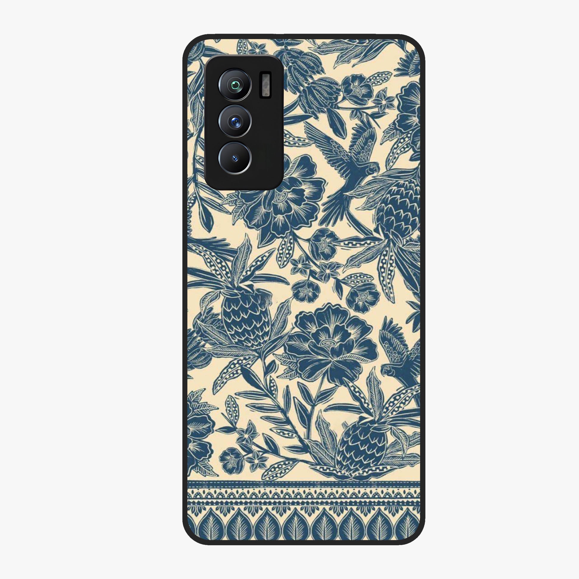 Heirloom Wild Bloom Glass Case showing flat back view with vintage inspired wild flower artwork and glossy glass finish.