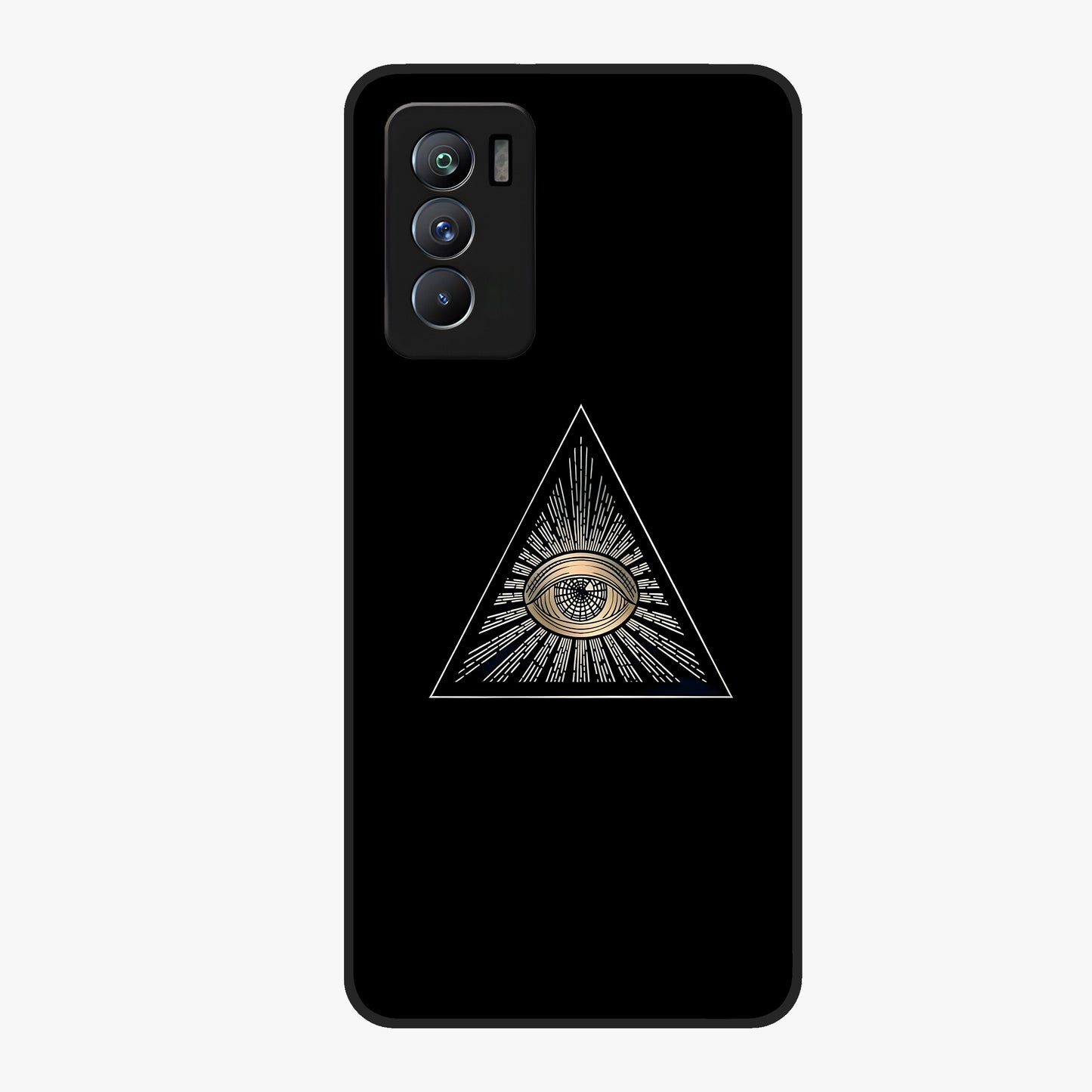 Illuminati Evil Glass Case showing flat back view with mysterious illuminati symbol artwork and glossy glass finish.